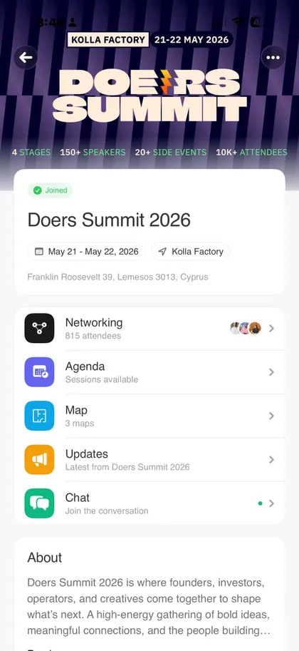 Event page: Networking, Agenda, Map, Updates and Chat