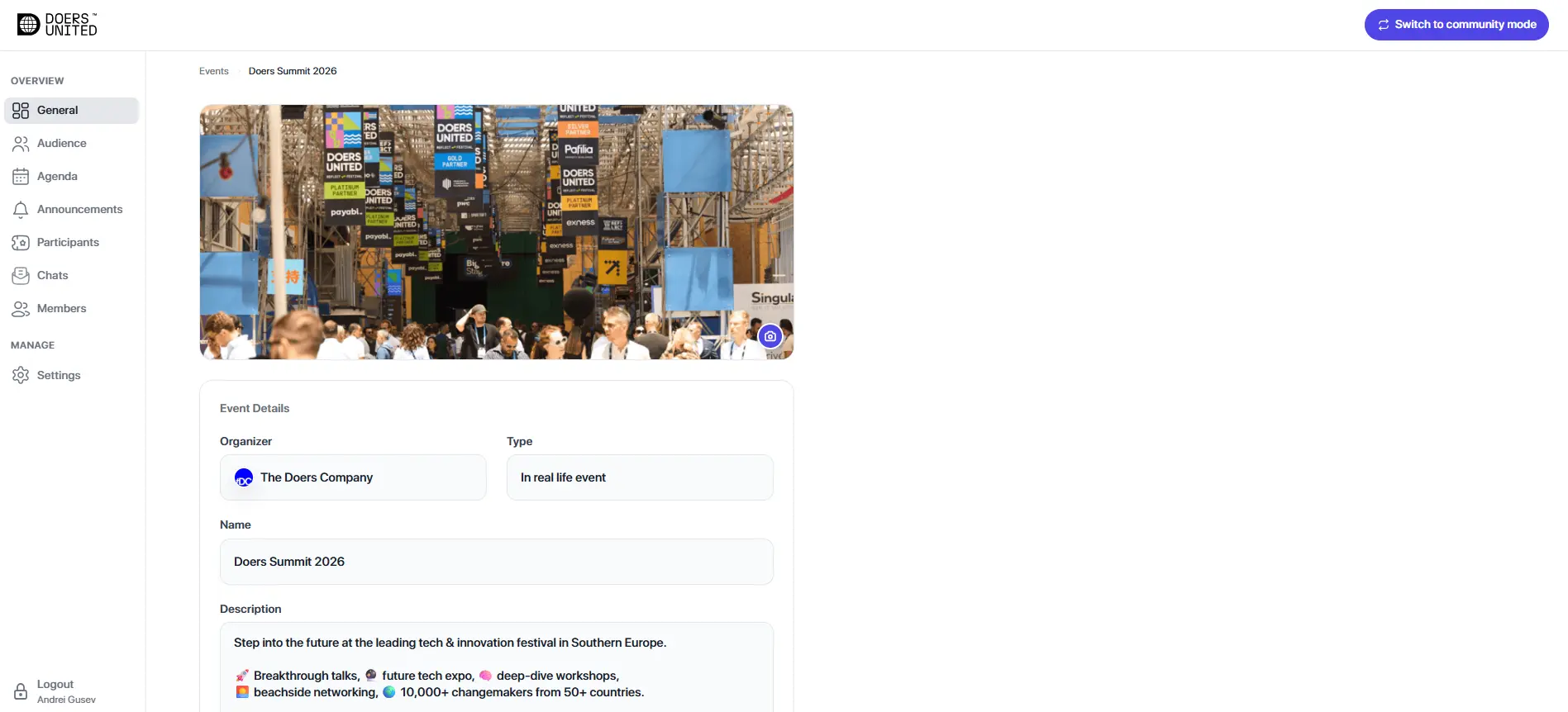 The Doers United organizer dashboard: event details, agenda, announcements, participants and settings